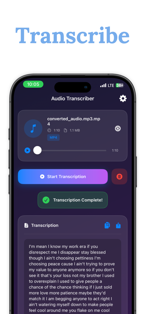 Audio File To Text Transcribe - スマートフォン上の音声ファイルからの完了した文字起こしを表示する音声ファイルからテキストへの文字起こしアプリのスクリーンショット。
