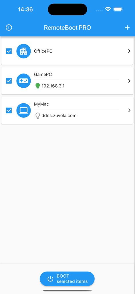 RemoteBoot Pro app interface showing a list of configured devices to wake on lan