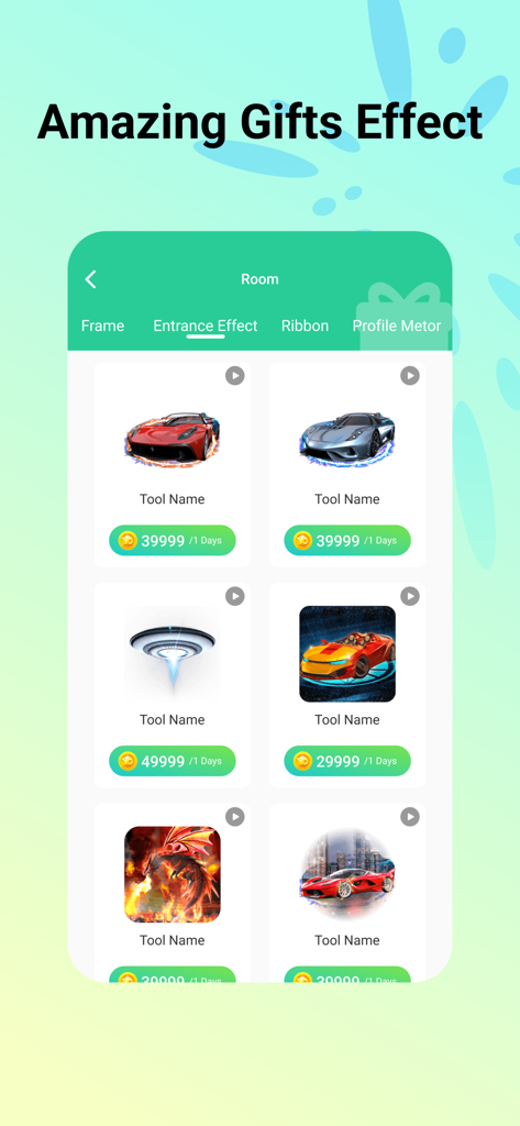 YoYo - Voice Chat Room - Mobile app interface showing various virtual entrance effects for purchase including sports cars and a UFO