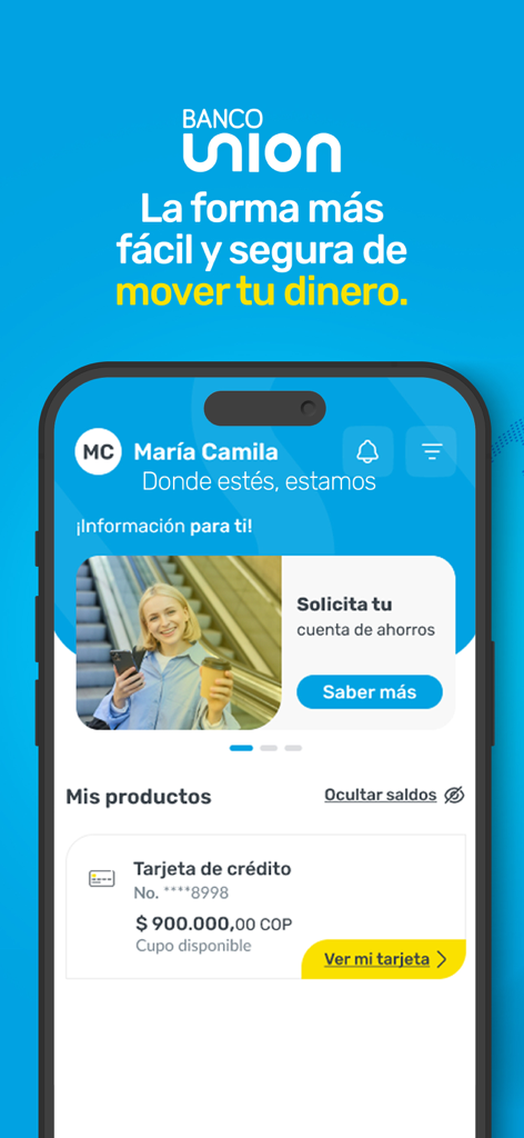Dashboard utente dell'app Banco Unión Colombia che mostra il saldo della carta di credito e le opzioni per aprire un conto di risparmio