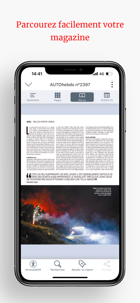 AUTOhebdo Magazine - Digital magazine reader in the AUTOhebdo app displaying an article about the WRC Rallye Monte-Carlo