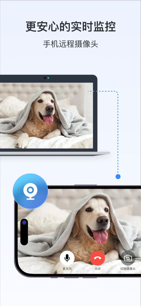 ToDesk远程控制 - ToDesk app interface showing remote camera monitoring feature with a dog visible on both a laptop and a smartphone screen