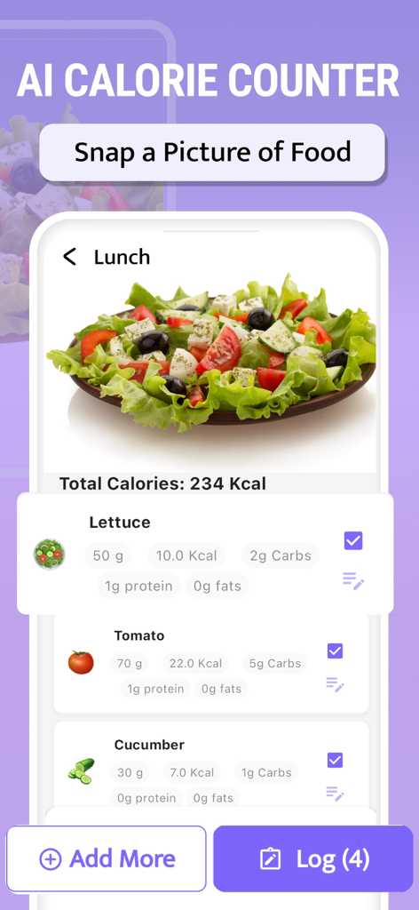 Flat Stomach Workout - 30 Days - Interfaz del contador de calorías con IA que muestra un desglose nutricional de una ensalada.