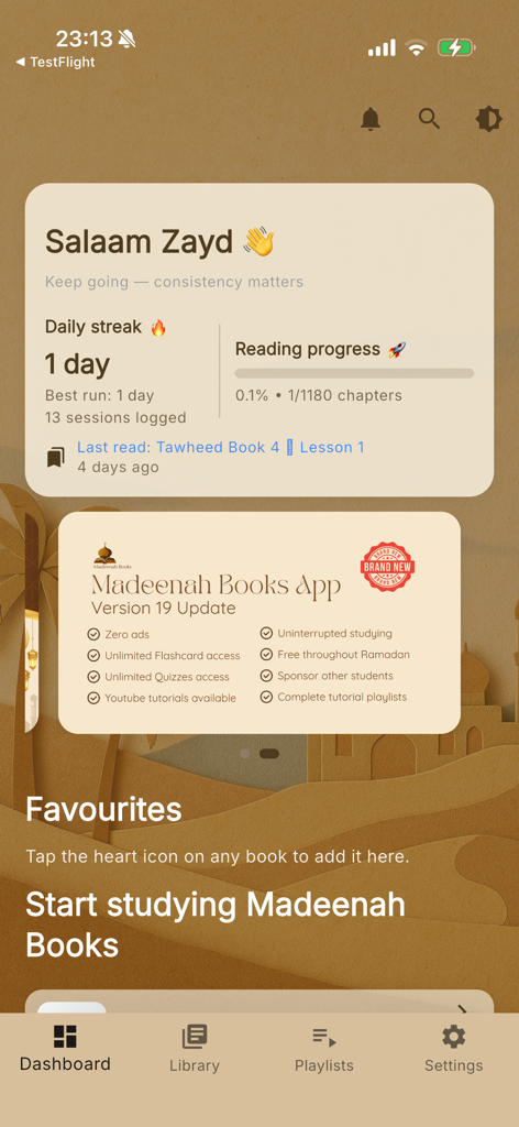 Madeenah Books - Dashboard of the Madeenah Books app showing study progress and daily streak