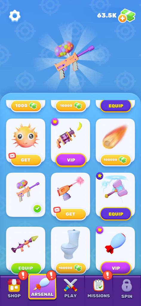 Kick Monster game arsenal screen showing various quirky weapons including a paintball gun a pufferfish and a toilet