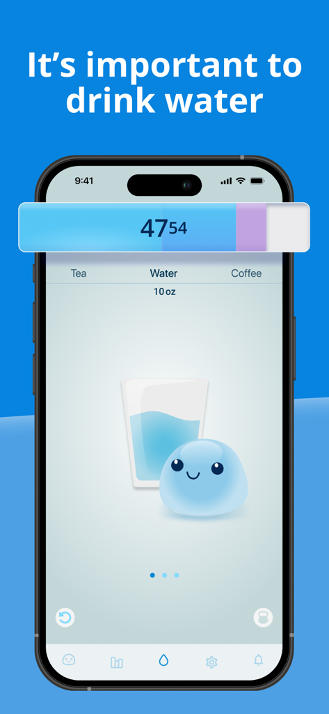 Interface of the Water Time app showing water intake tracking with a cute blue mascot character