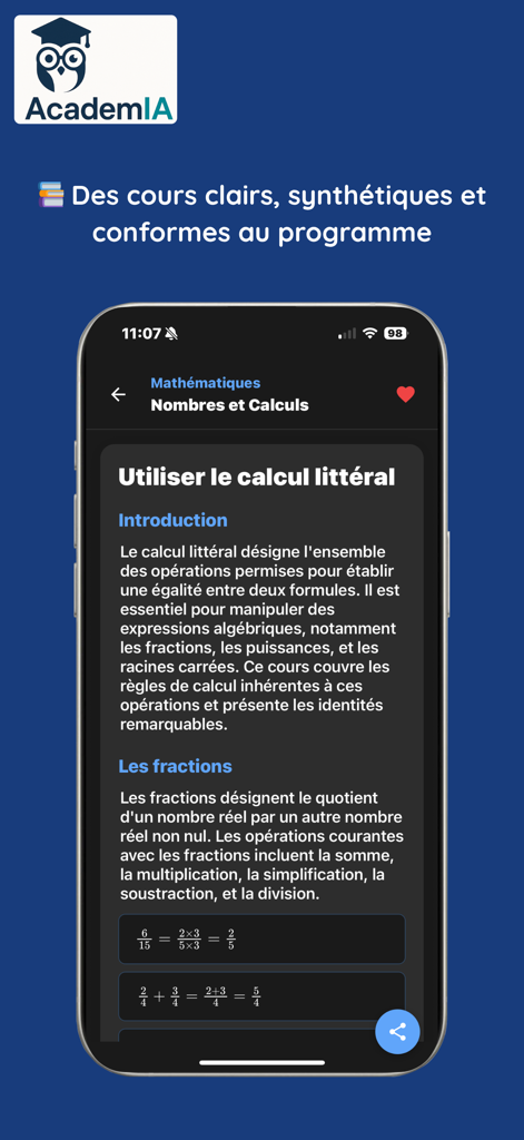 academia (8eb885) - Mobile interface of the Academia app showing a structured math lesson with equations