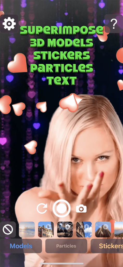 Green Screen-Background Editor - A woman using the Green Screen app interface to superimpose 3D models and heart particles onto a video.