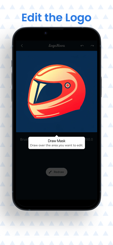 LogoNova - Logo Maker & Design - LogoNovaアプリのインターフェース。Draw MaskというAI編集ツールでレーシングヘルメットのロゴデザインを表示