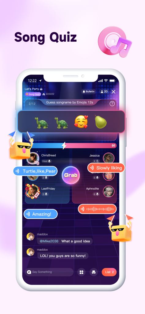 全民party-語音聊天匿名交友軟體，配對約會app - Interface of the Song Quiz game in the Quanmin Party app where players guess song names based on emojis during a live voice chat session.