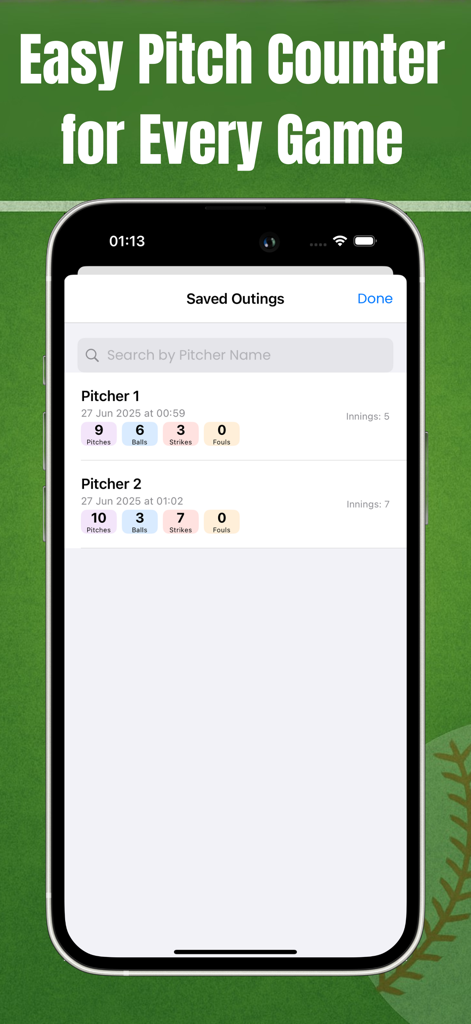 Pitch Counter - Radar Gun FYNX - Pitch Counter app interface showing a list of saved pitching stats including balls strikes and innings