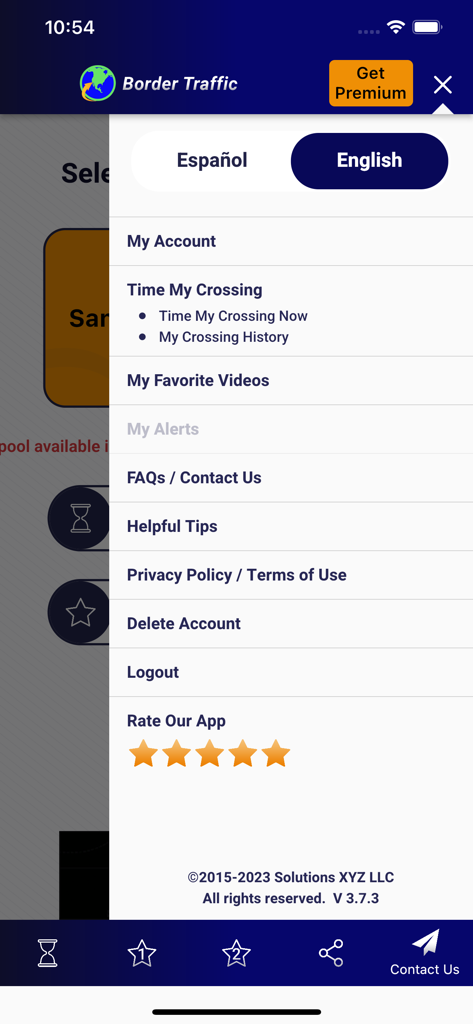 Menú lateral de la aplicación Border Traffic que muestra las opciones de navegación y el cambio de idioma