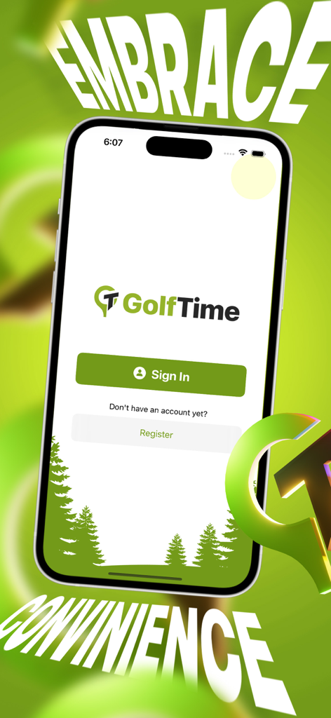 GolfTime - Golf Booking App - GolfTime mobile app splash screen showing sign in and registration options with a green golf themed background