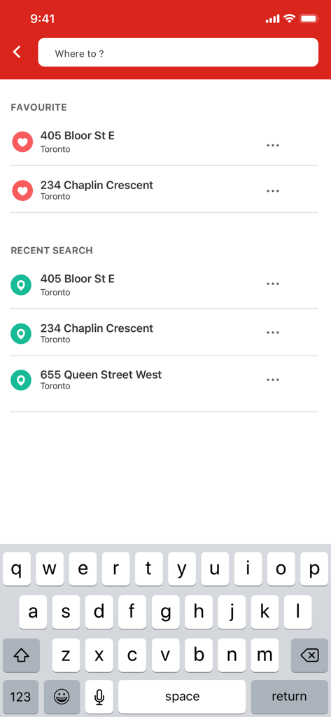 Wheel Transアプリの検索画面。画面上のキーボードと共に、トロントのお気に入りの最近の目的地住所を表示。