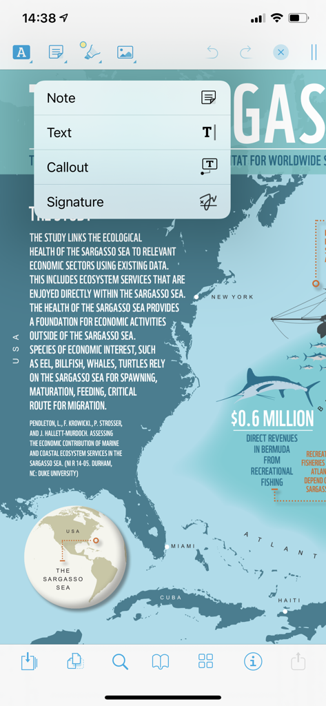 DEVONthink To Go 3 - PDF document annotation interface in DEVONthink To Go 3 showing options for notes and callouts