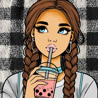 realistic girl with braided hair drinking boba