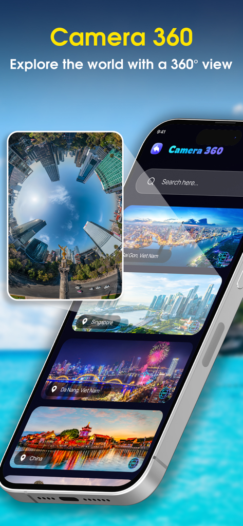 Interfaz de aplicación móvil que muestra vistas panorámicas inmersivas de 360 grados de ciudades del mundo.