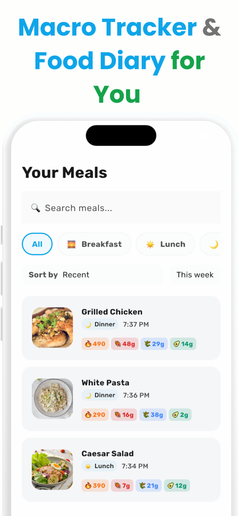 A screenshot of the Kalee app showing a personalized food diary with meal entries and macro tracking details