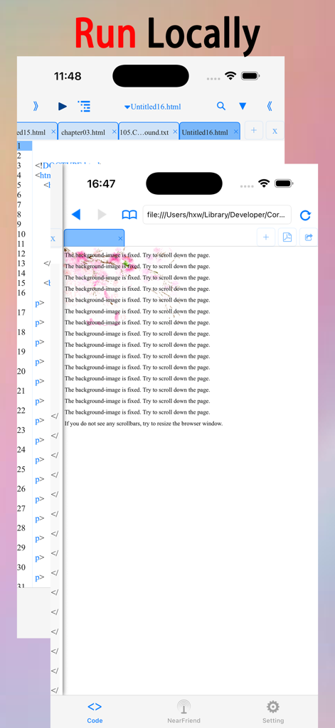 html+css+js-web designer,html5 - Mobile code editor interface showing local HTML execution with the title Run Locally
