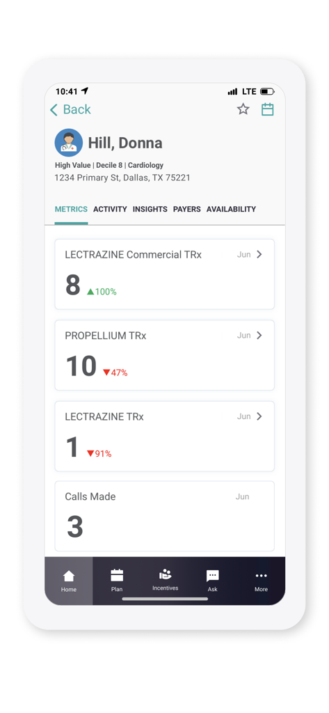 Mobile app screen showing a healthcare provider profile with pharmaceutical sales metrics and prescription data