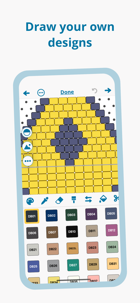 A screenshot of the Loomerly app showing a bead pattern design interface with a color palette and a grid of yellow and purple beads.