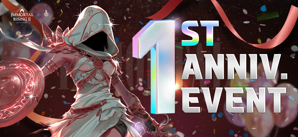 Immortal Rising 2 Bannert des ersten Jahrestags mit einer Kapuzenfigur in weißer und roter Rüstung mit festlichem Konfetti und Ballons