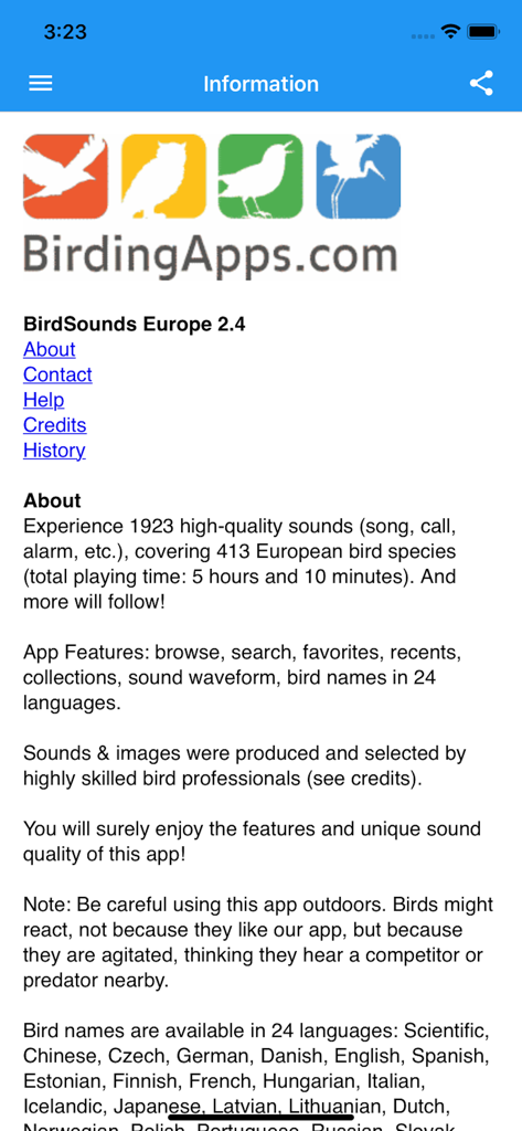 BirdSounds Europe app information screen showing about text and features