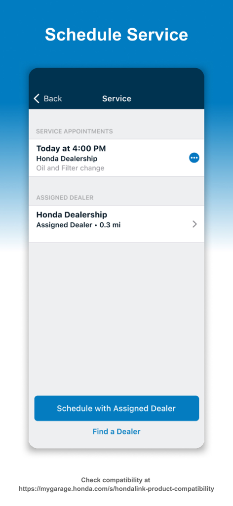 HondaLink app interface for scheduling vehicle service and maintenance appointments