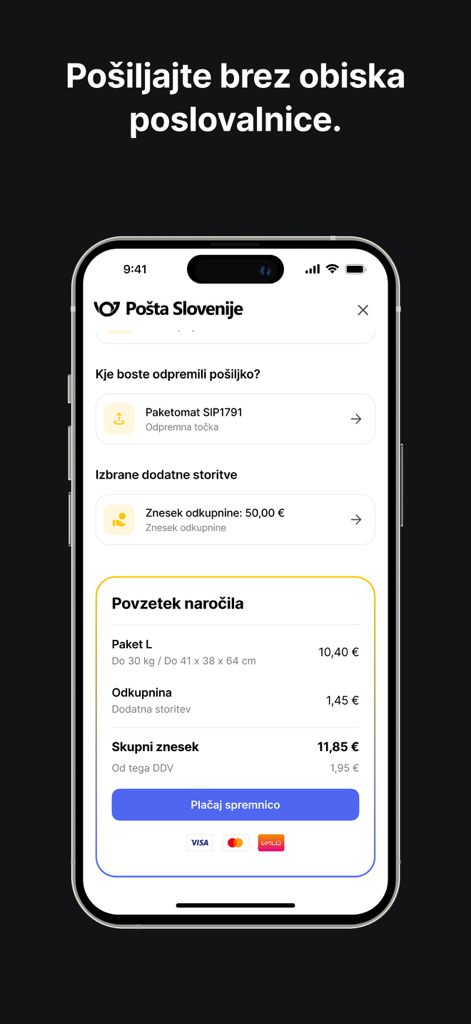 Captura de tela do aplicativo MojaPošta exibindo um resumo do pedido de remessa com detalhes do pacote, preços e um botão de pagamento para os Correios da Eslovênia.