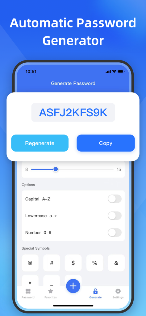 Automatische Passwortgenerator-Oberfläche in der SecureSafe-App mit Optionen zur Zeichenanpassung und Länge