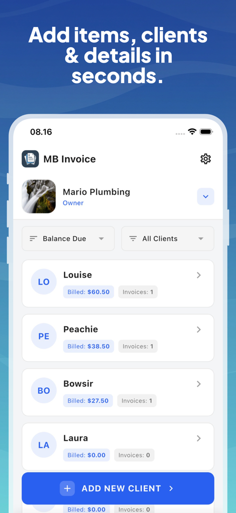 MB Invoice Maker - MB Rechnungs-Ersteller App-Oberfläche, die eine Liste von Kunden zeigt, darunter Louise, Peachie und Bowsir mit ihren berechneten Beträgen und einer Schaltfläche zum Hinzufügen neuer Kunden.