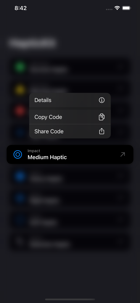 A context menu in the HapticKit app showing options to view details copy or share Swift code for a medium haptic impact