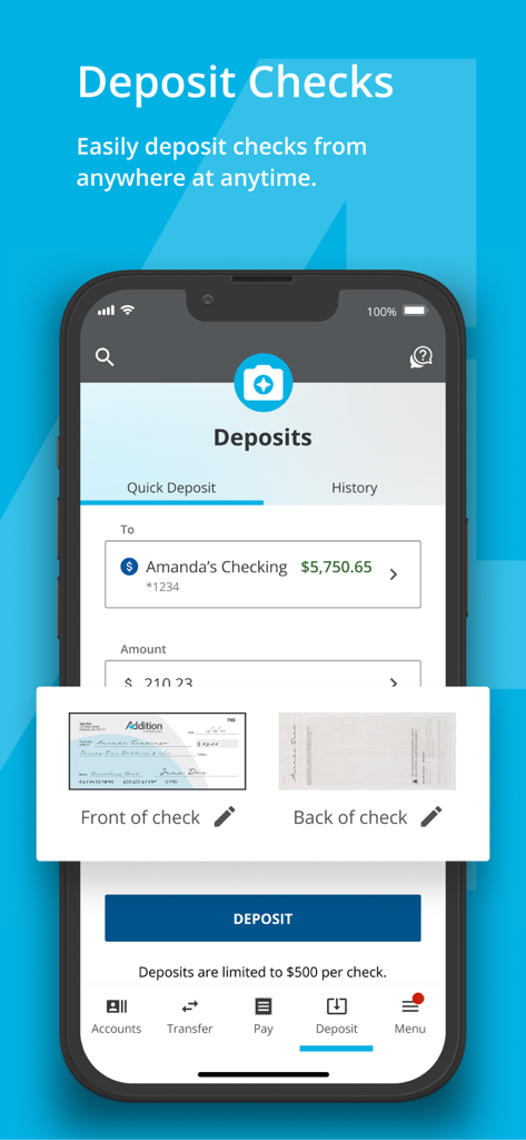 Interface do aplicativo Addition Financial Mobile mostrando o recurso de depósito de cheques com opções de captura frontal e traseira do cheque.
