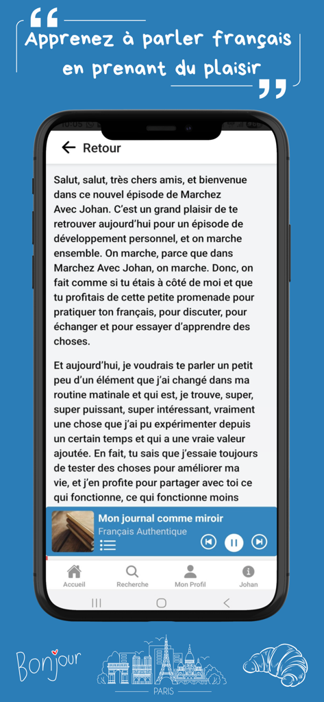Français Authentique - A smartphone screen showing a French audio lesson transcript within the Français Authentique app for intermediate learners.