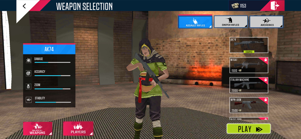 Dino Hunter - dinosaur games - Un personaje sosteniendo un AK74 en la pantalla de selección de armas de Dino Hunter, mostrando estadísticas y opciones de mejora del rifle de asalto