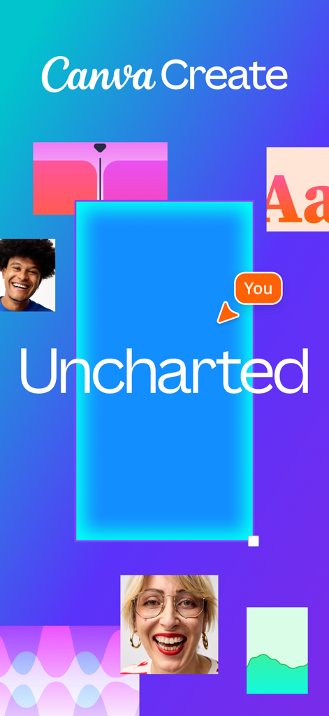 Canva Create 2025 - Pantalla de bienvenida introductoria para el evento Canva Create 2025 con el tema Uncharted y fotos de la comunidad de usuarios.