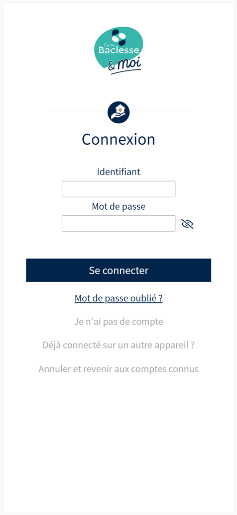 Baclesse&moi - Page de connexion de l'application du portail patient Baclesse et moi.