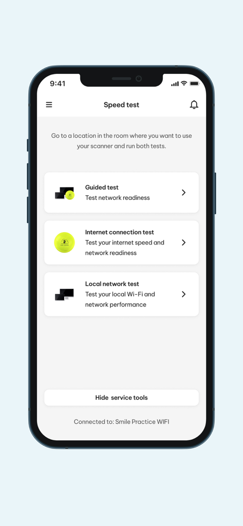 DS Core Link - DS Core Link app speed test screen for dental scanner network readiness