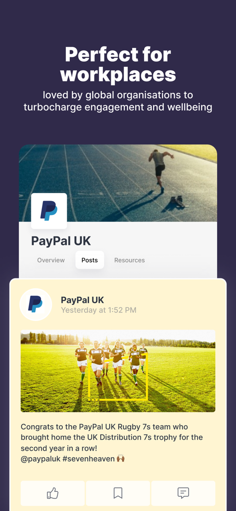 GoJoe mobile app interface showing corporate social feed and employee wellbeing features