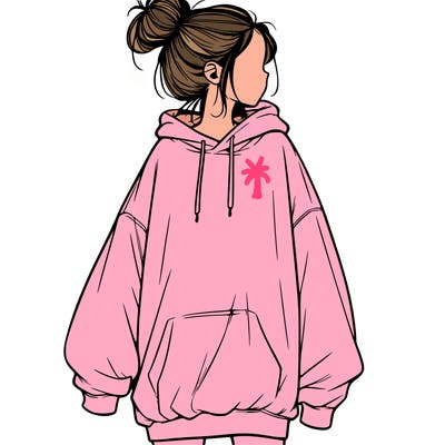 realistic girl with a oversized sweatshirt on and a bun