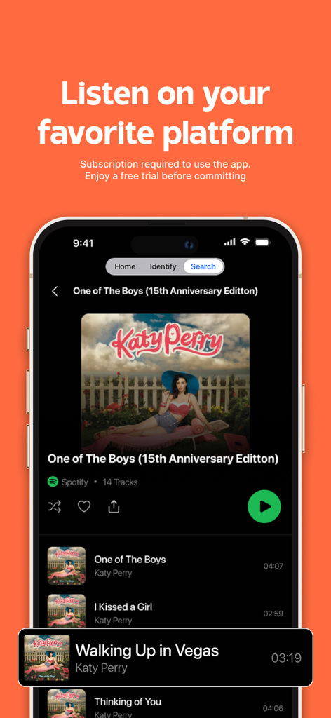 Song Finder : Music Identifier - Interface of the Song Finder app displaying a Katy Perry album and Spotify integration