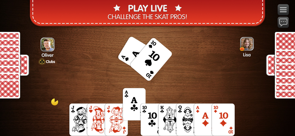 Skat Palace - Skat Palace gameplay showing a live online card match between three players