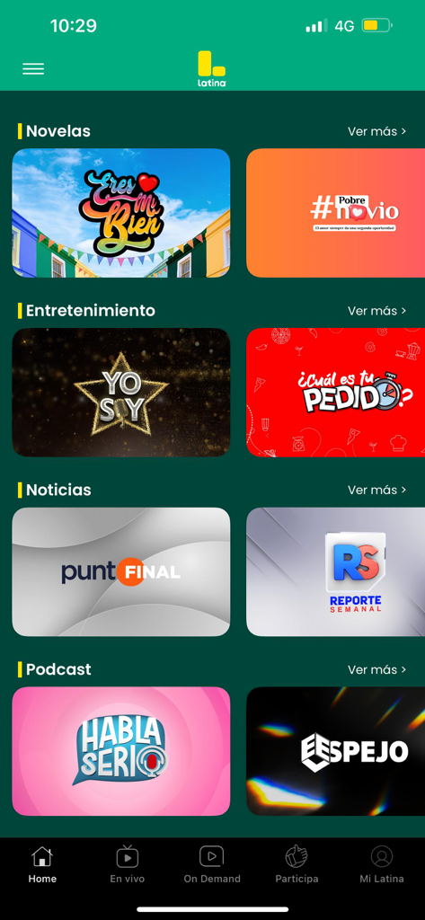 Latina - Pantalla de inicio de la app Latina de TV peruana que muestra categorías como telenovelas, entretenimiento y noticias