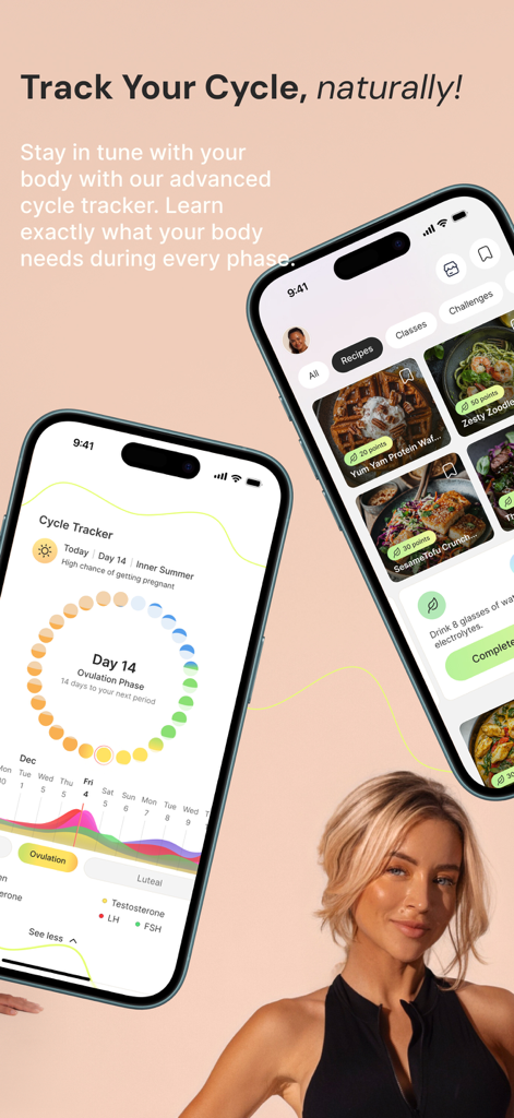 Bestie Cycle Tracker by Aggie - Screenshot of Bestie Cycle Tracker by Aggie app showing a cycle phase calendar and healthy food recipes
