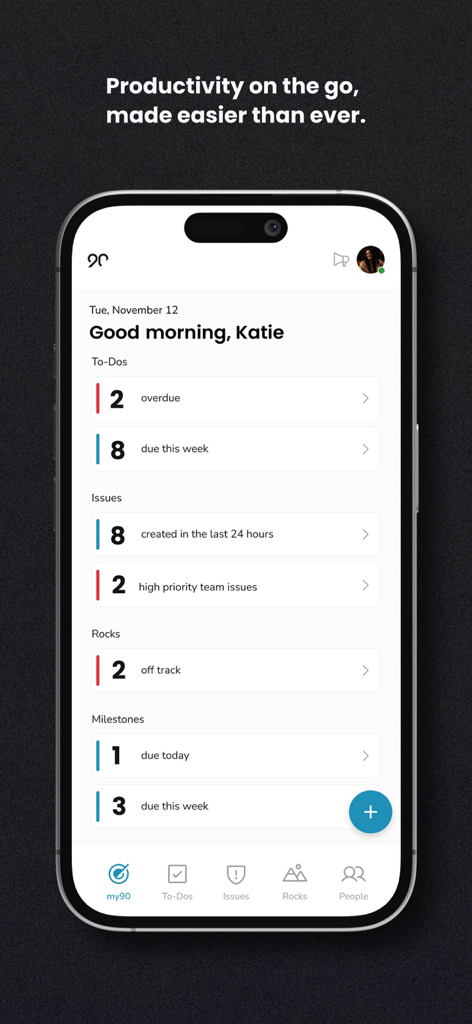 Écran d'accueil de l'application mobile Ninety montrant un aperçu quotidien des priorités telles que les rocks et les jalons