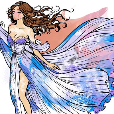 realistic woman in dress flowing the the wind