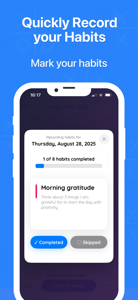 HabitX app screen showing a daily habit tracker for morning gratitude with a progress bar and completion buttons