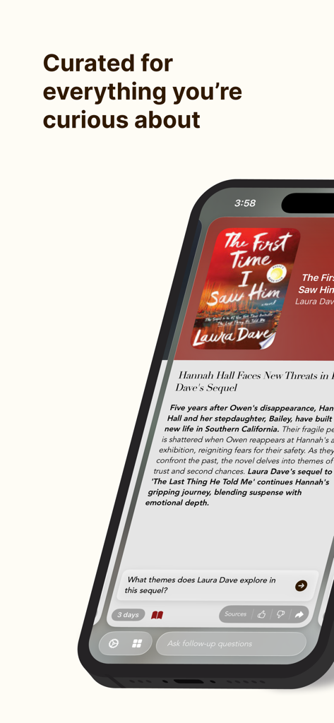 Aplicativo Ponder AI mostrando um resumo curado de livro de The First Time I Saw Him com um chat interativo de IA para perguntas de acompanhamento.