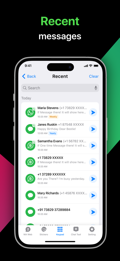 Écran d'iPhone montrant la liste de l'historique des messages récents dans l'application Message Direct Click to Chat