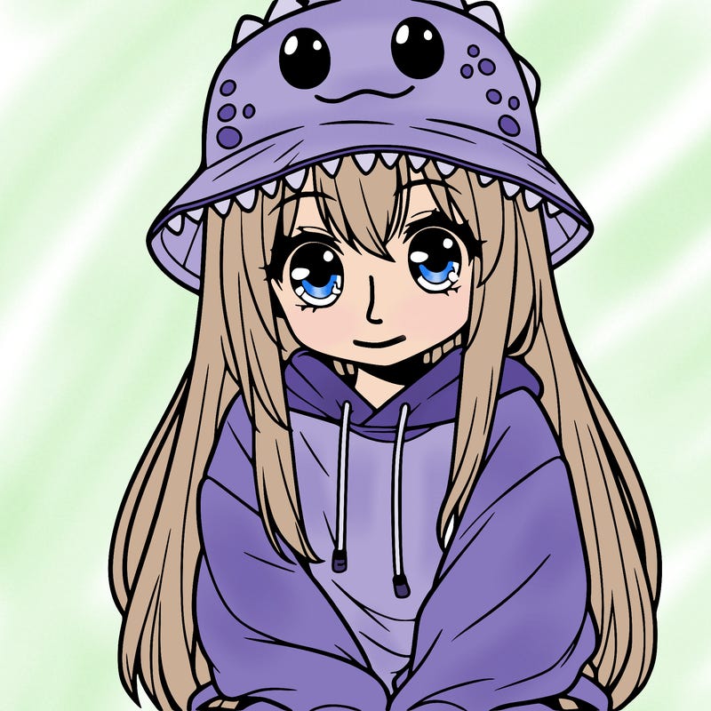 girl with anime shaped eyes with a dinosaur bucket hat oversized sweatshirt long straight hair